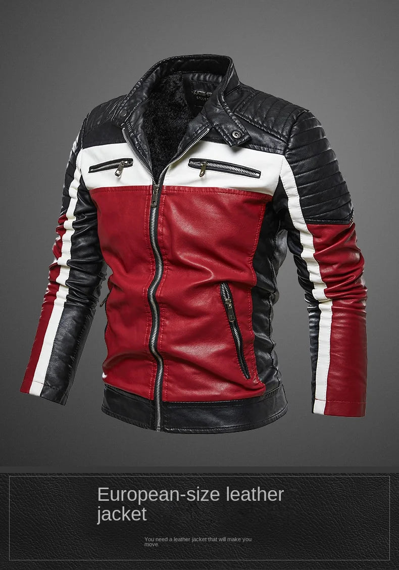 Men's casual motorcycle pilot leather jacket men's autumn fashion color blocked stand up collar artificial leather jacket