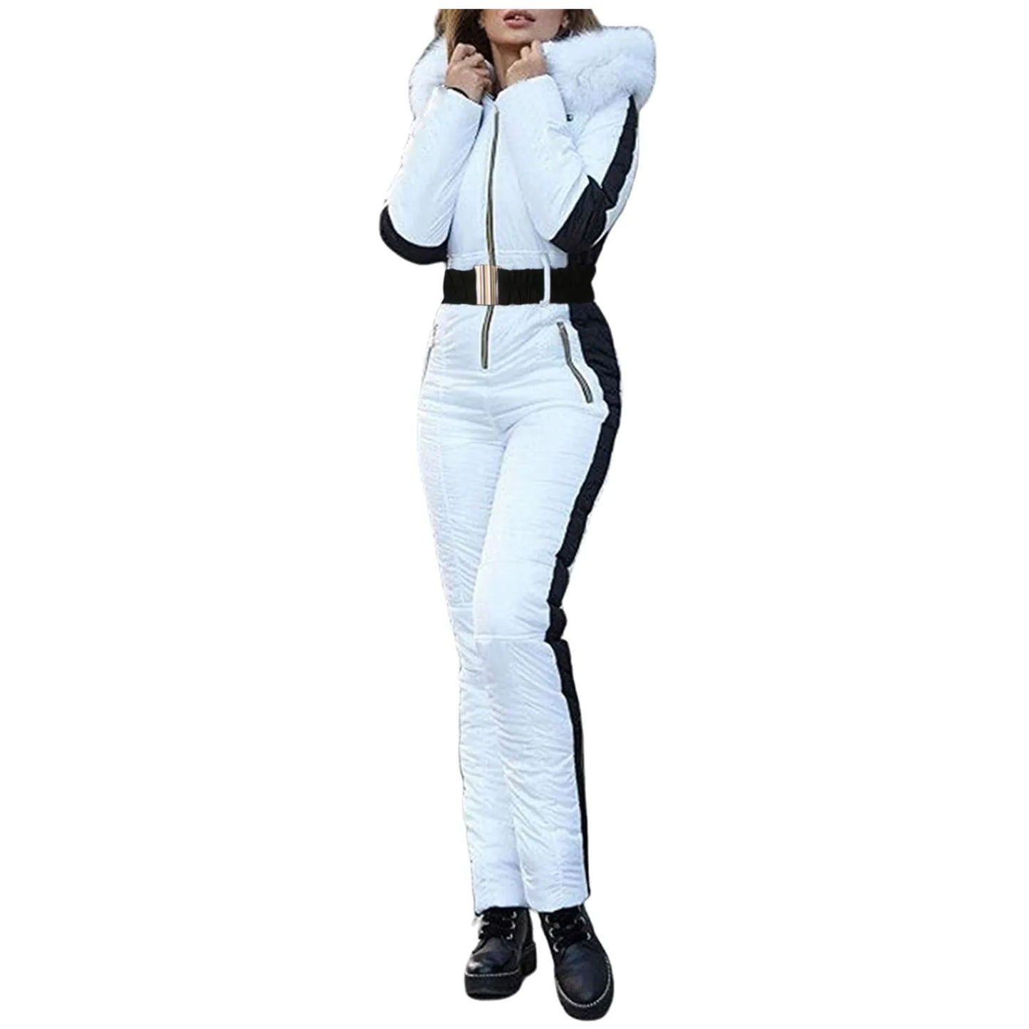 Winter Warm Ski Suit Patchwork Hooded Snow Overalls Outdoor Sports Ski Jumpsuit One Piece Snowboard Clothes With Fur Collar