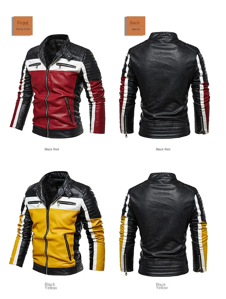 Men's casual motorcycle pilot leather jacket men's autumn fashion color blocked stand up collar artificial leather jacket