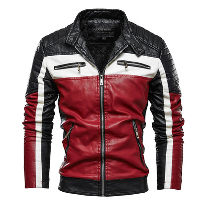 Men's casual motorcycle pilot leather jacket men's autumn fashion color blocked stand up collar artificial leather jacket