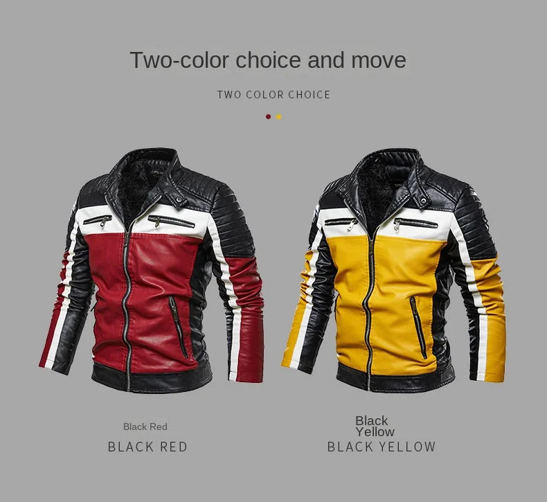 Men's casual motorcycle pilot leather jacket men's autumn fashion color blocked stand up collar artificial leather jacket