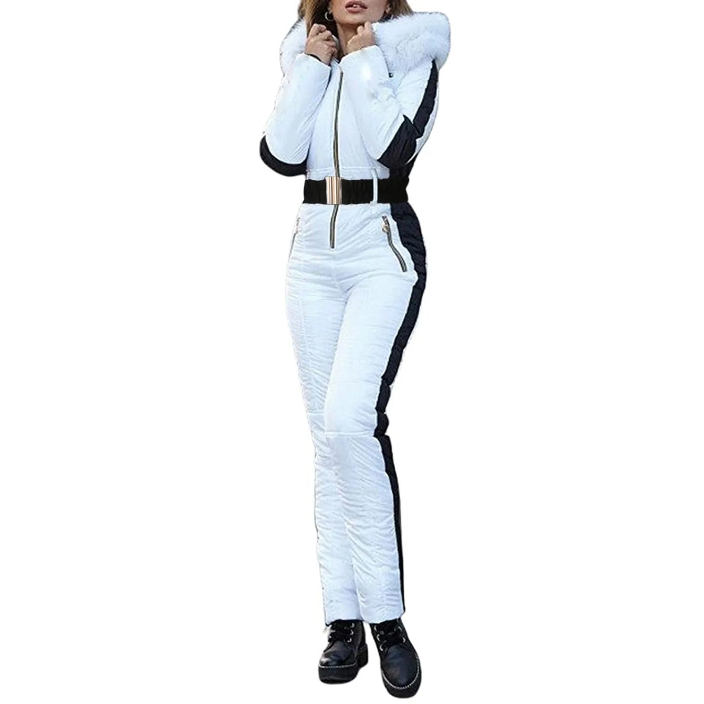 Winter Warm Ski Suit Patchwork Hooded Snow Overalls Outdoor Sports Ski Jumpsuit One Piece Snowboard Clothes With Fur Collar