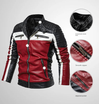 Men's casual motorcycle pilot leather jacket men's autumn fashion color blocked stand up collar artificial leather jacket