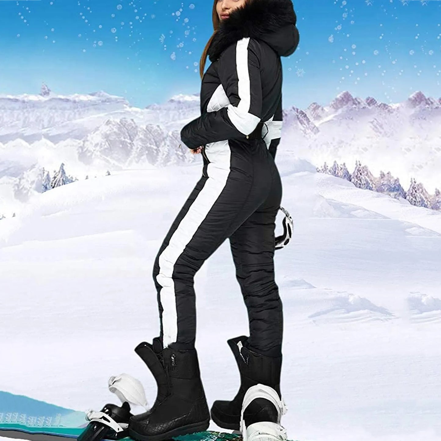 Winter Warm Ski Suit Patchwork Hooded Snow Overalls Outdoor Sports Ski Jumpsuit One Piece Snowboard Clothes With Fur Collar