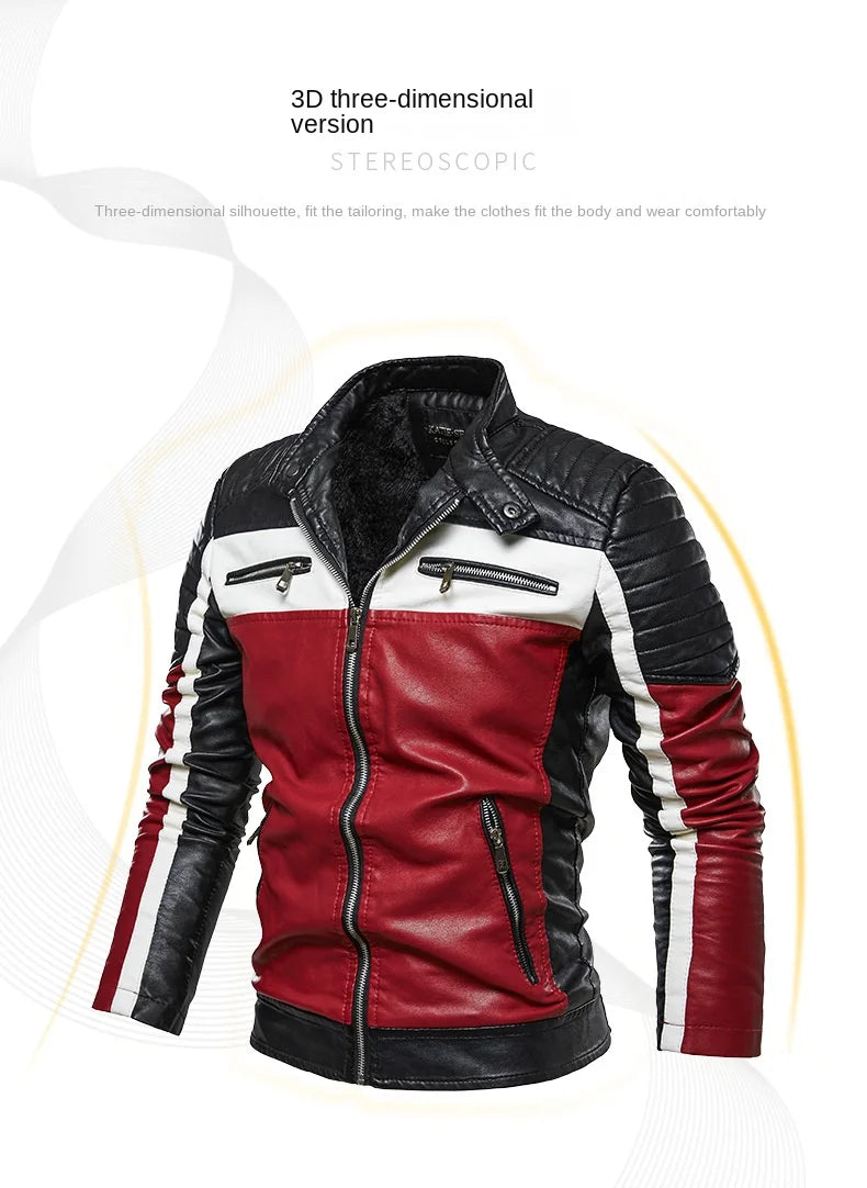 Men's casual motorcycle pilot leather jacket men's autumn fashion color blocked stand up collar artificial leather jacket