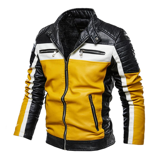 Men's casual motorcycle pilot leather jacket men's autumn fashion color blocked stand up collar artificial leather jacket