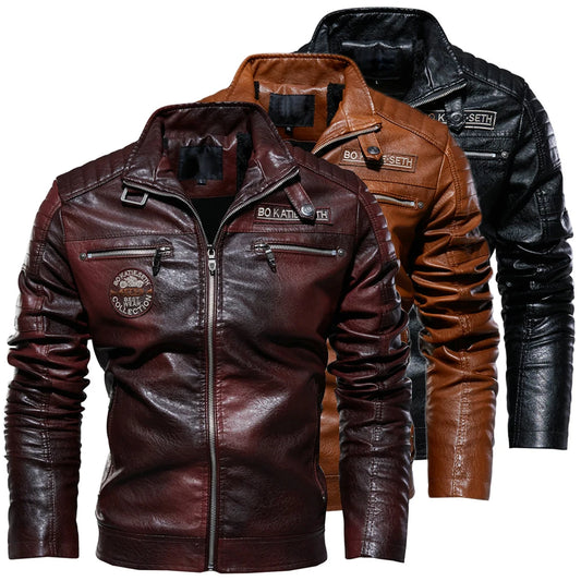 Leather Jacket Men Winter Fleece Motorcycle Faux Leather Jacket Removable Fur Collar Windbreaker Ropa De Hombre Slim Coat