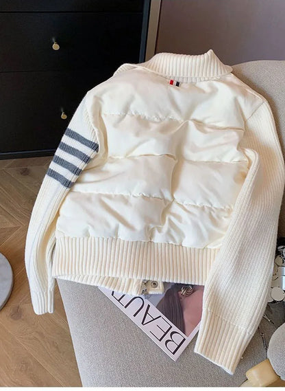 Women's Coat Winter 2024 Fashion Knitted Long Sleeve Splicing Cotton Jacket Autumn Sports Leisure Parka Female Short Top Outwear